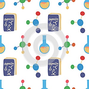 Seamless pattern with chemistry round flask, molecule structure and book