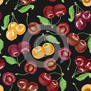 Seamless pattern with cherries on dark background