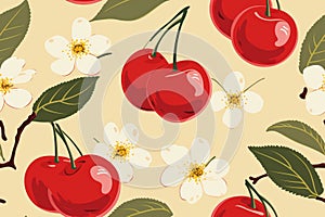 seamless pattern with cherries and flowers on a beige background