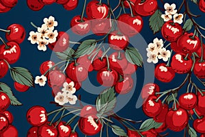 seamless pattern with cherries and flowers on a dark blue background