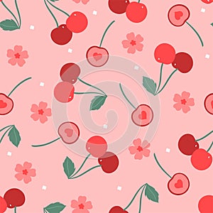 Seamless pattern with cherries and flowers. Vector graphics