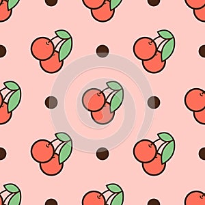 A seamless pattern of cherries with leaves and dots on a pink background, arranged in a staggered order. Print for