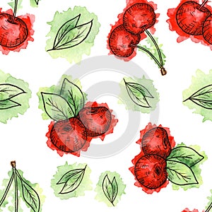 Seamless pattern of cherries painted in watercolor on white background. Hand drawn berriess.