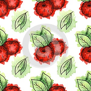 Seamless pattern of cherries painted in watercolor on white background. Hand drawn berriess.