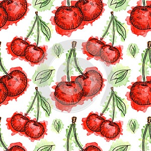 Seamless pattern of cherries painted in watercolor on white background. Hand drawn berriess.