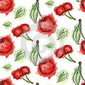 Seamless pattern of cherries painted in watercolor on white background. Hand drawn berriess.