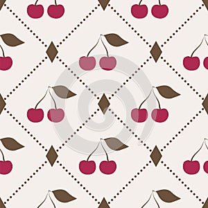 Seamless pattern with cherries and polka dot rhomb photo