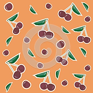 seamless pattern with cherry berry fruit on orange background Vector EPS10