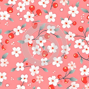 Seamless pattern with cherry blossom on pink background. Vector illustration