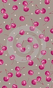 Seamless pattern cherry fruits with circle dot, Fresh organic food, pink fruits berry pattern on brown. Vector