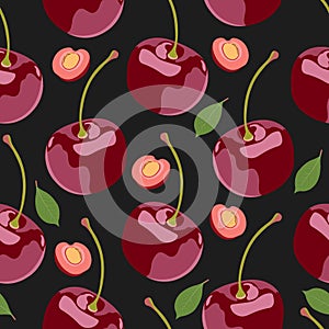 Seamless pattern cherry fruits, Fresh organic food, Red fruits berry pattern on black.