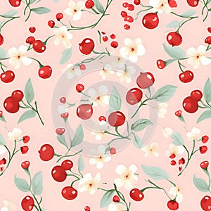 Seamless pattern with cherry and jasmine flowers. Vector illustration