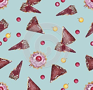 Seamless pattern with cherry and slices of cake