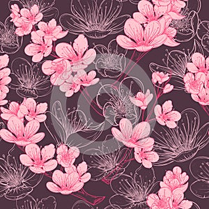 Seamless pattern with cherry tree blossom. Vintage hand drawn vector illustration