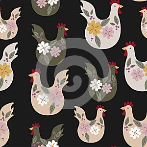 Seamless pattern with chicken for Easter and other users. Design element. Ethnics motives.