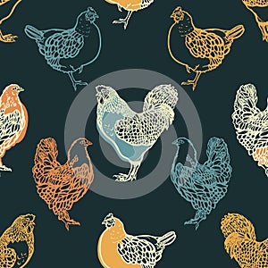 Seamless pattern with and chicken. Poultry. Farming. Livestock raising. Hand drawn.