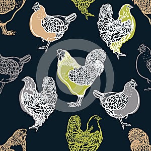 Seamless pattern with and chicken. Poultry. Farming. Livestock raising. Hand drawn.