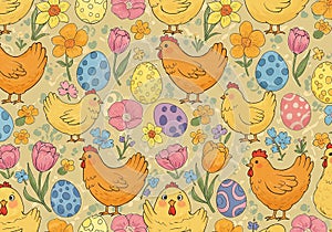 Seamless pattern with chickens, Easter eggs, and flowers