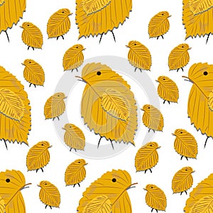 Seamless pattern with chickens made of yellow birch leaves isolated on white background for use in your design.