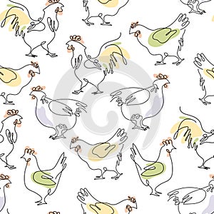 Seamless pattern with chickens and roosters. Rooster and hens drawn in one line.