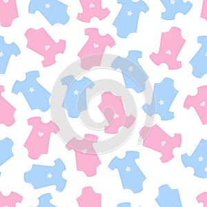 Seamless pattern of child clothes, pink and blue color. Baby shower background