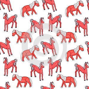 Seamless pattern with child`s drawing orange cute pony