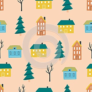 Seamless pattern of childish cartoon town for fabric, wallpaper design.