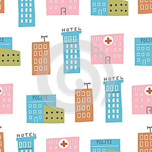 Seamless pattern of childish cartoon town for fabric, wallpaper design.