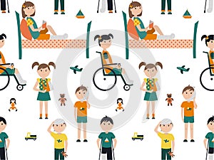 Seamless pattern with children with broken bones. Boys and girls on crutches or in a wheelchair with their hands, legs and head in