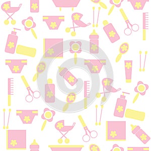 Seamless pattern of children with the means to care for the child. Pink and yellow background for children's clothes.