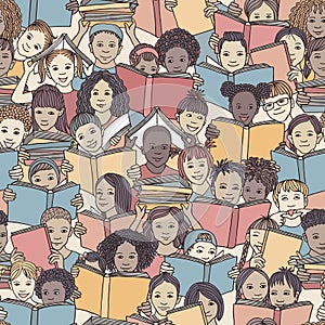 Seamless pattern of children reading colorful books