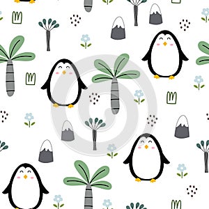 Seamless pattern Children`s cartoon animal background with penguins and trees. Hand drawn design. Cartoon style.