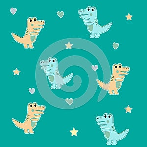 seamless pattern children's dinosaurs crocodiles stars hearts Vector EPS10