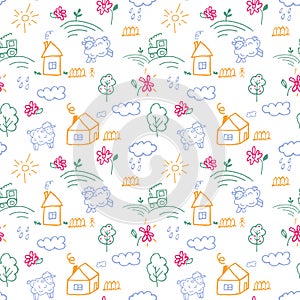 Seamless pattern with children\'s drawings, doodle with colored pencils.