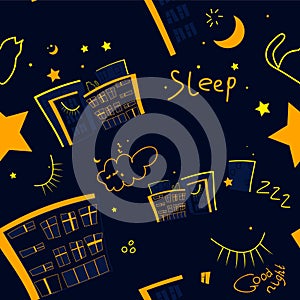 Seamless pattern children`s illustration of a sleeping city on a blue background with houses