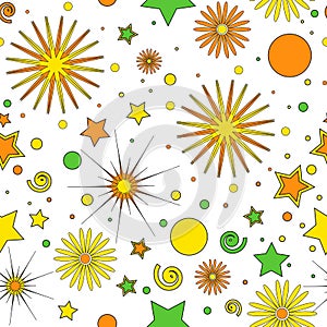 Seamless pattern for children`s items of orange-yellow and green dots, stars, curls and flowers, on a white background, vector