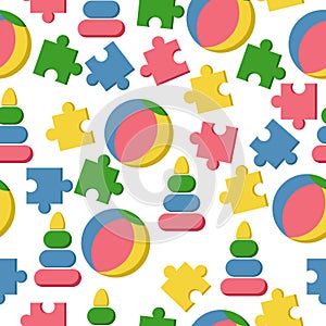 Seamless pattern on a children`s theme, bright ball pyramid and puzzle pieces on a white background
