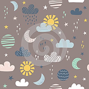 Seamless pattern for children with sun, moon, clouds and stars
