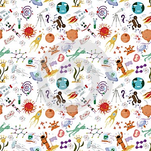 Seamless pattern of childrens drawings in flat style on space th