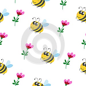 Seamless pattern children. Yellow bumblebee, pink and red flower with green leaves. White background. Cartoon style. Cute and