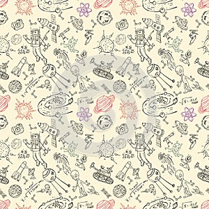 Seamless pattern childrens_5_drawings on space theme, science and the appearance of life on earth, Doodle style