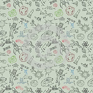 Seamless pattern childrens_7_drawings on space theme, science and the appearance of life on earth, Doodle style