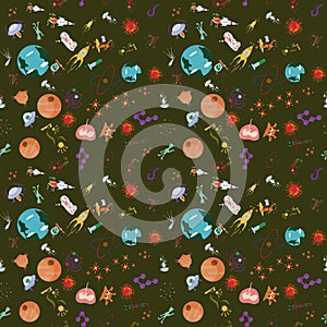 Seamless pattern_4_of childrens drawings in flat style on space