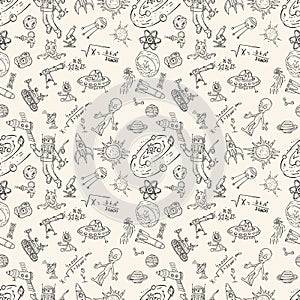 Seamless pattern childrens drawings on space theme, science and the appearance of life on earth, Doodle style