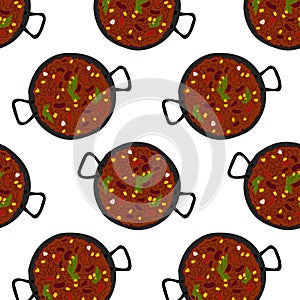 Seamless pattern of Chili con carne with beans, green and corn in cast iron pan. Flat lay. Isolate