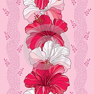 Seamless pattern with Chinese Hibiscus flower in red and in white on the pink background with stripes