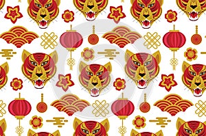 Seamless pattern with Chinese New Year 2022 Zodiac Year of the tiger sign with asian elements