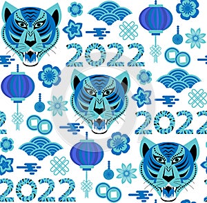 Seamless pattern with Chinese New Year 2022 Zodiac Year of the tiger sign with asian elements