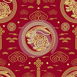 Seamless pattern with chinese new year 2023 or mid autumn festival zodiac year of the rabbit sign with asian elements