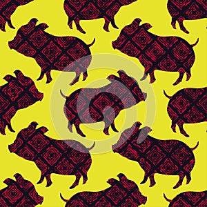 Seamless pattern with Chinese New Year symbol. Yellow Earth Pig. Graphic element for design.